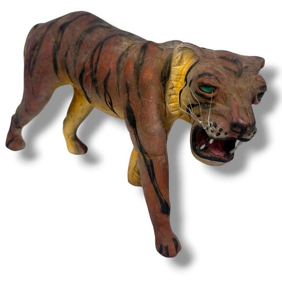 Vintage Tiger Figurine Leather Wrapped Animal Sculpture MCM Mid-Century Modern - Picture 1 of 9